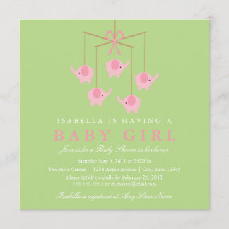 Square Pink Elephant Moblie Baby Shower Invitation