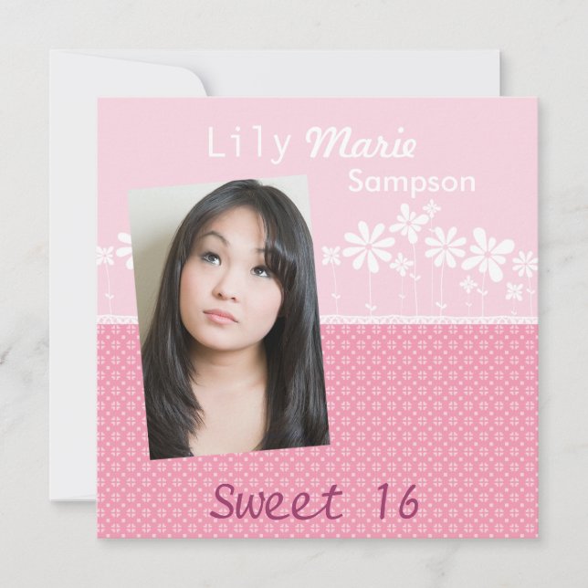 Square pink flowers birthday party invitation (Front)