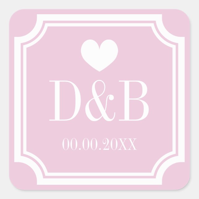 Square pink monogrammed small wedding favour sticker (Front)