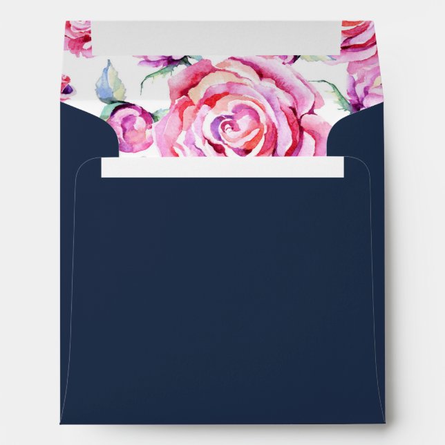 Square Pink Navy Roses Wedding Return Address Envelope (Back (Bottom))
