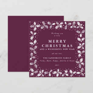 Square Plum Hand Printed Holly Merry Christmas Holiday Card
