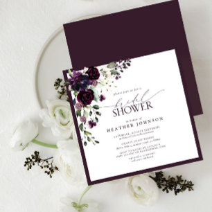 Square Plum Purple Watercolor Floral Bridal Shower Invitation