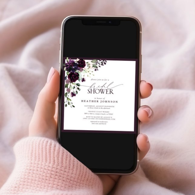 Square Plum Purple Watercolor Floral Bridal Shower Invitation (Creator Uploaded)