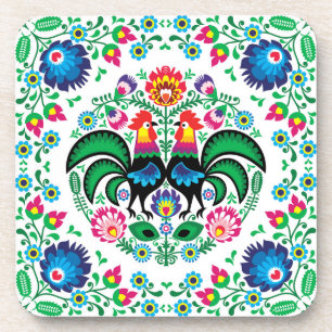 Square Polish Rooster Pattern Coaster