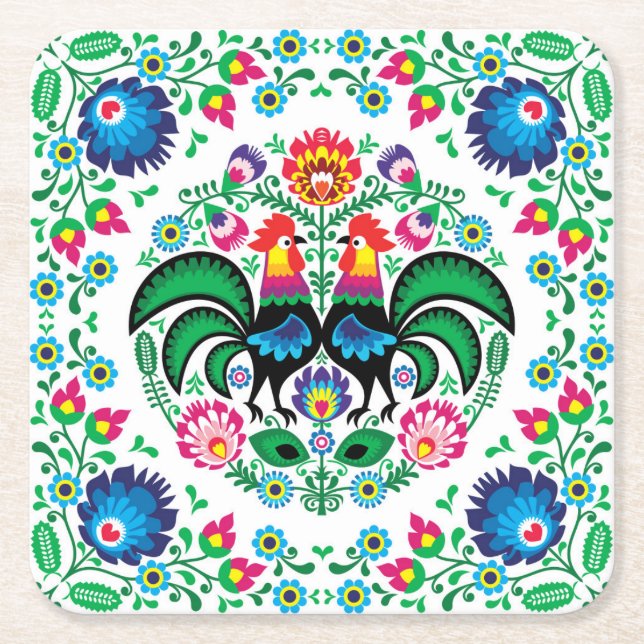 Square Polish Rooster Pattern Paper Coaster (Front)