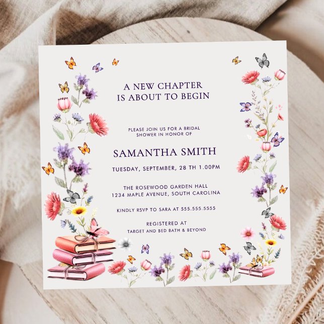 Square Poppy & Lavender Book Theme Bridal Shower Invitation (Square poppy & lavender bridal shower invitation — elegant floral storybook design.)
