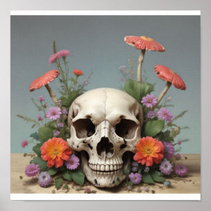 Square Poster - Skull with Mushroom & Flowers 