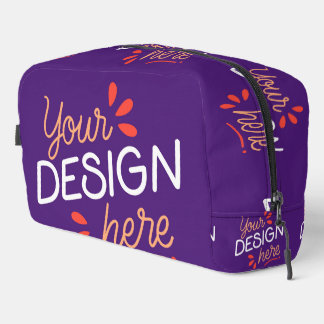 Square purple graphic with playful orange dopp kit