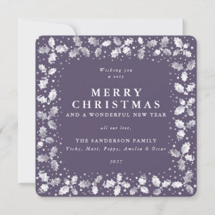 Square Purple Hand Printed Holly Merry Christmas Holiday Card