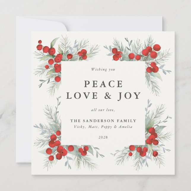 Square Red Berries Border Peace Love + Joy Holiday (Front)