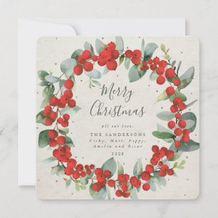 Square Red Berries + Eucalyptus Christmas Wreath Holiday Card
