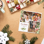 Square Red Berries Photo Collage Merry Christmas Holiday Card<br><div class="desc">Square photo collage Christmas card with greenery twigs with white flowers and red berries framing three photos of your family and Merry Christmas in dark red. Spread the Christmas cheer with this festive square photo card featuring rustic greenery and red berries and three of your family photos! This adorable square...</div>