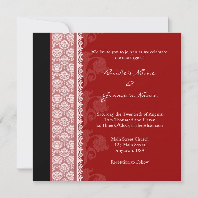 Square Red & Black Damask Wedding Invitations (Front)