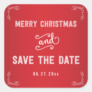 Square Red White Save The Date Christmas Stickers