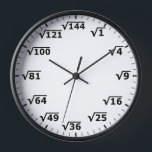 Square Root Clock - Mathematics Math Clock<br><div class="desc">square root clock, fun math wall clock, mathematics student classroom time, maths teacher class hours, number geek nerd humour, squareroot calculation school lesson, calculating calculations sums, black and white numbers, elementary primary secondary school, high school college university</div>