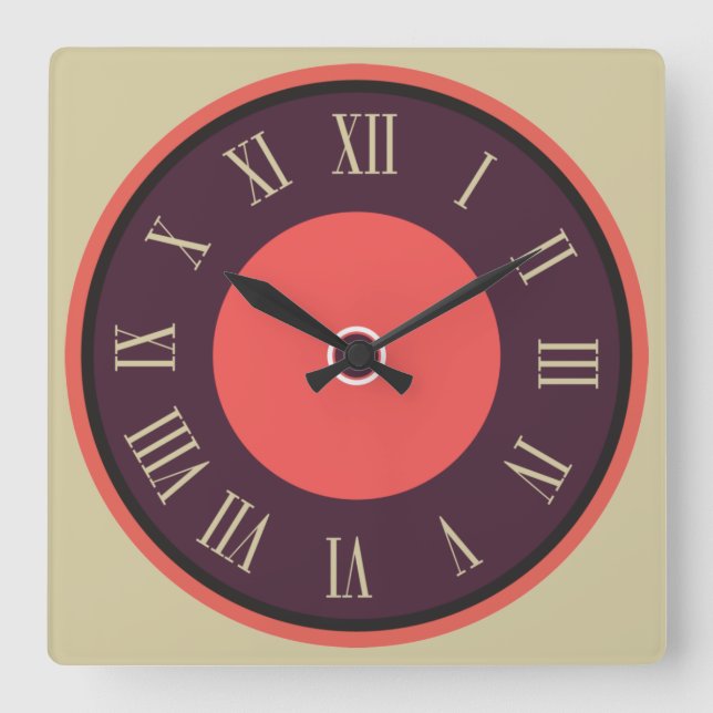 Square Round Purple-Red Roman Numeral Square Wall Clock (Front)