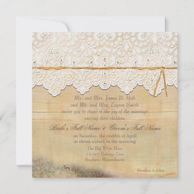 Square Rustic Barn Outdoor Garden Boho Lace Wood Invitation (Front)