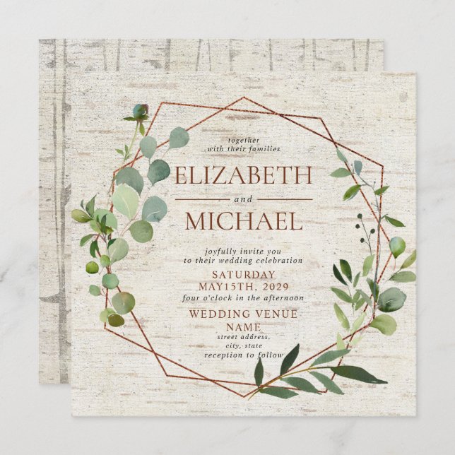 Square Rustic Copper Geometric Eucalyptus Wedding Invitation (Front/Back)