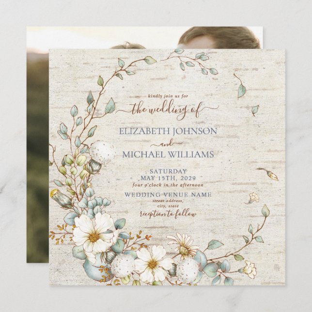 Square Rustic Dusty Blue & Cream Botanical Photo Invitation (Front/Back)