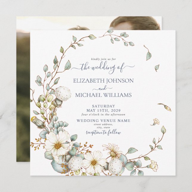 Square Rustic Dusty Blue & Cream Botanical Photo Invitation (Front/Back)