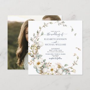 Square Rustic Dusty Blue & Cream Botanical Photo Invitation