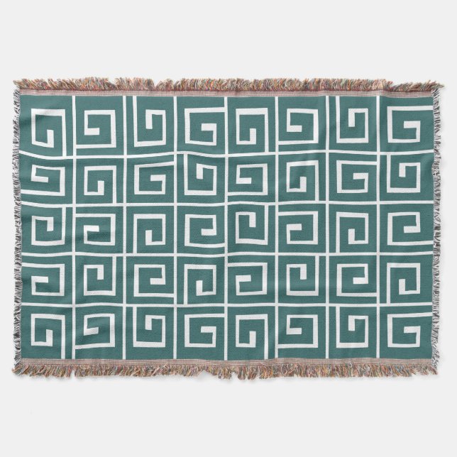 Square Spirals - Moss Green on White Throw Blanket (Front)