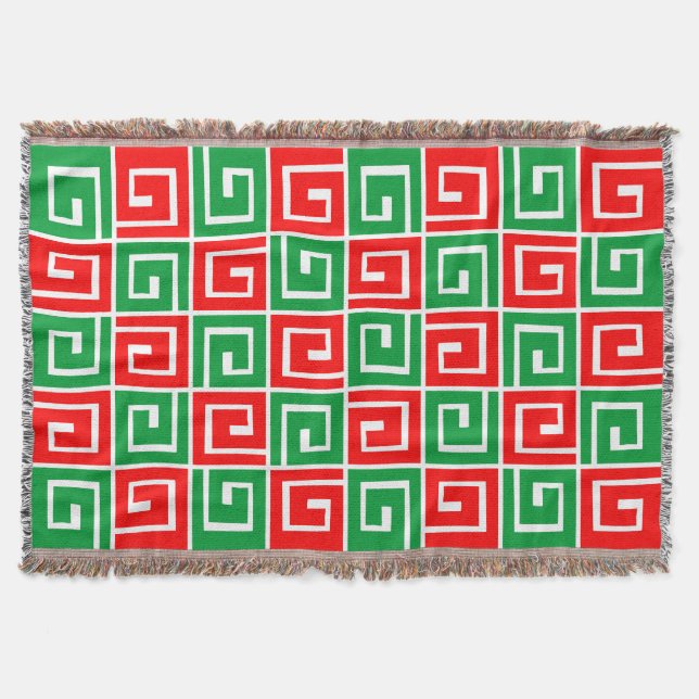 Square Spirals - Red and Green on White Throw Blanket (Front)