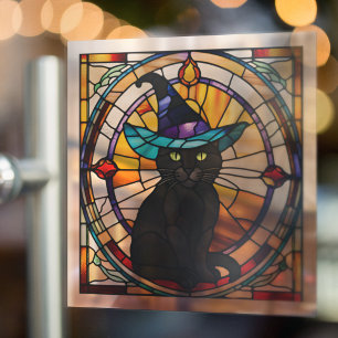 Square Stained Glass Black Cat Halloween Decor