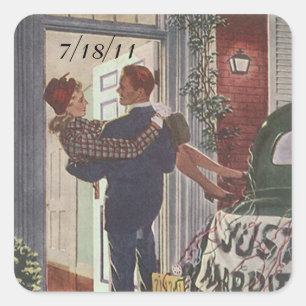 Square Sticker Retro Couple Just Married Date Stic