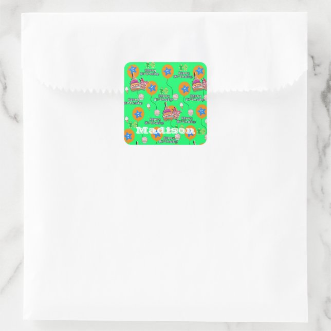 Square Stickers, #10 Happy 10th Birthday Green Sticker (Bag)