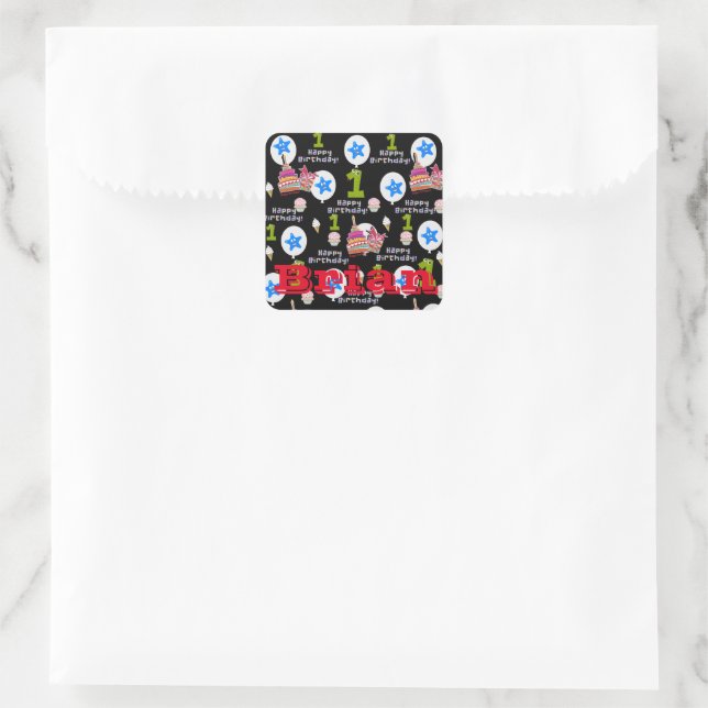 Square Stickers, #1 Happy First Birthday Black Sticker (Bag)