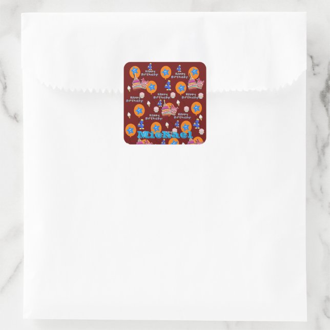 Square Stickers, #4 Happy 4th Birthday Dark Red Sticker (Bag)