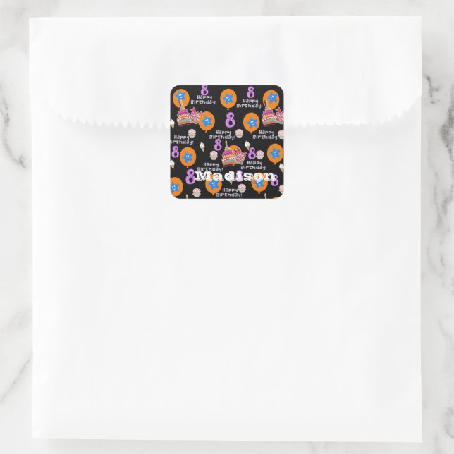 Square Stickers, #8 Happy 8th Birthday Black Sticker (Bag)