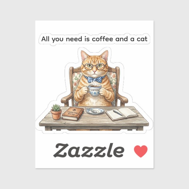 Square Stickers Orange Tabby Cat Drinking Coffee (Sheet)