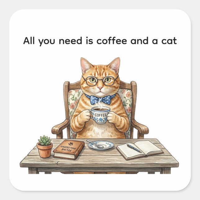 Square Stickers Orange Tabby Cat Drinking Coffee (Front)