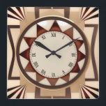 Square Sun Art Deco Clock - Faux Wooden Antique<br><div class="desc">"art deco clock",  "art nouveau clock",  "beige cream brown black",  "1920s geometric symmetrical lines",  "stylish sophisticated 1920 style",  "faux wooden wood sun rays",  "retro vintage antique sunburst",   "elegant line pattern design",  "square clock",  "neutral old fashioned"</div>