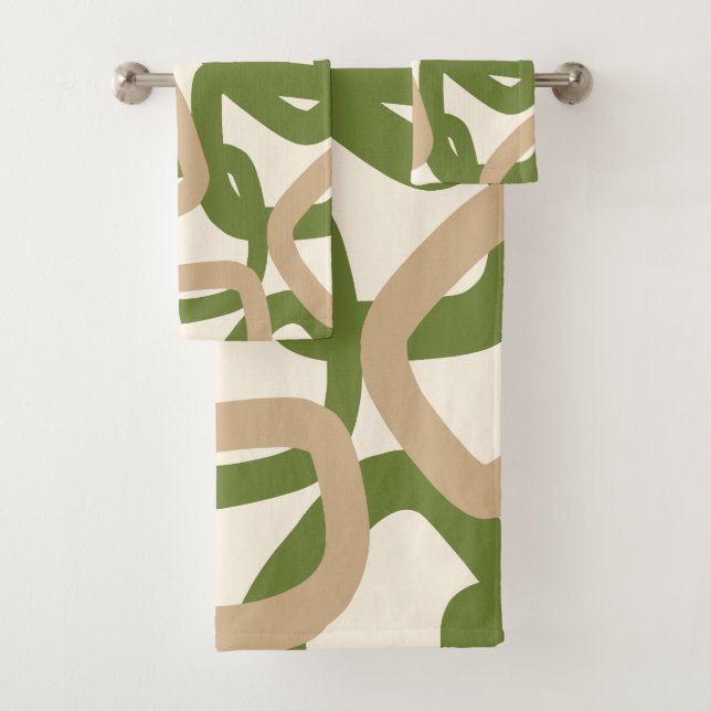 Square Tangle Olive Green Warm Taupe Bath Towel Set (Insitu)