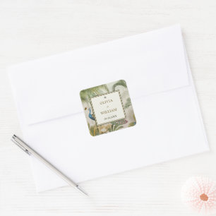 Square Tropical Peacock Palm Wedding Sticker Label