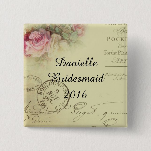 Square Vintage Floral Bridesmaid Button (Front)