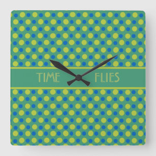 Square Wall Clock, Blue, and Green Polka Dots Clock