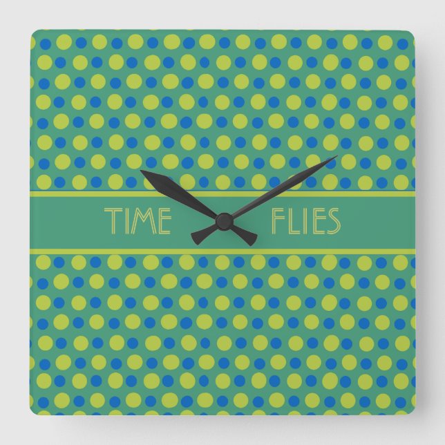 Square Wall Clock, Blue, and Green Polka Dots Square Wall Clock (Front)