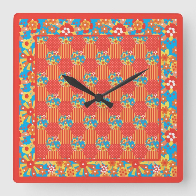 Square Wall Clock, Ditzy Orange Floral Patchwork Clock (Front)