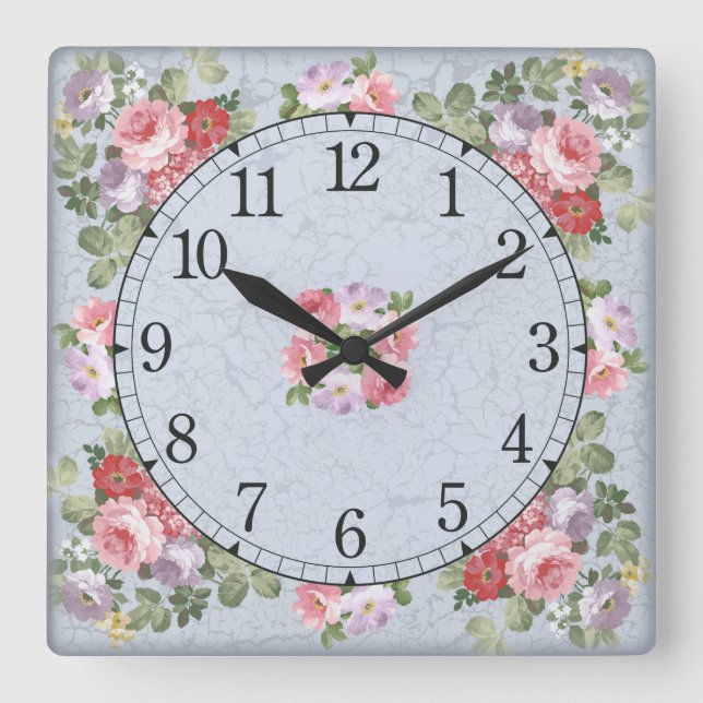 Square wall clock - floral design (Front)