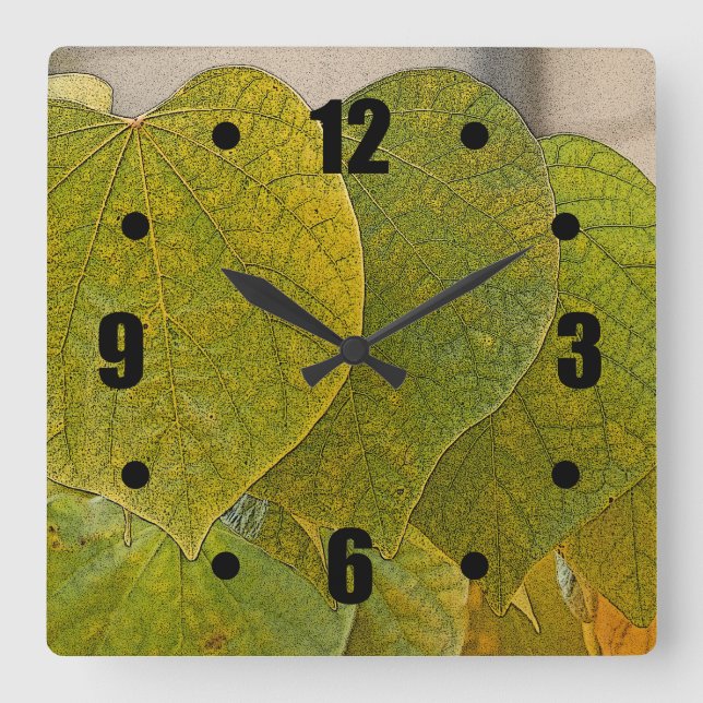 SQUARE WALL CLOCK /GREEN HEART-SHAPED LEAVES (Front)
