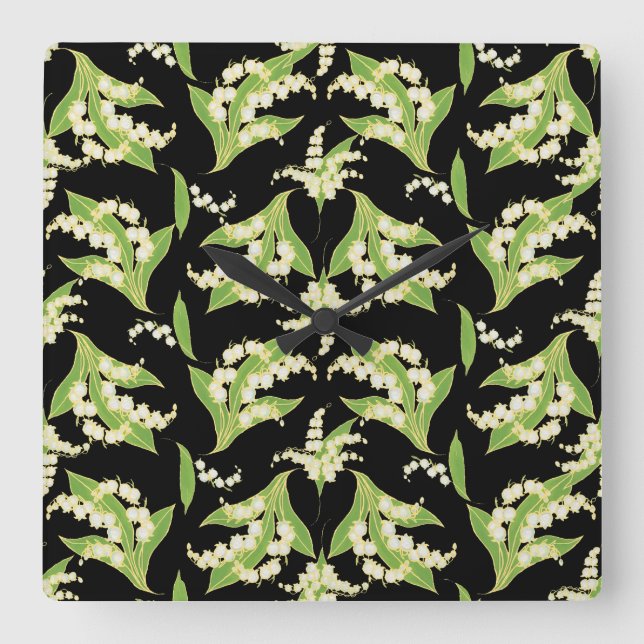 Square Wall Clock: Lilies of the Valley on Black Clock (Front)