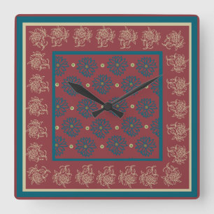 Square Wall Clock, Maroon, Blue Floral Clock