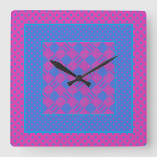 Square Wall Clock Mix'n'match Magenta Blue Pattern (Front)