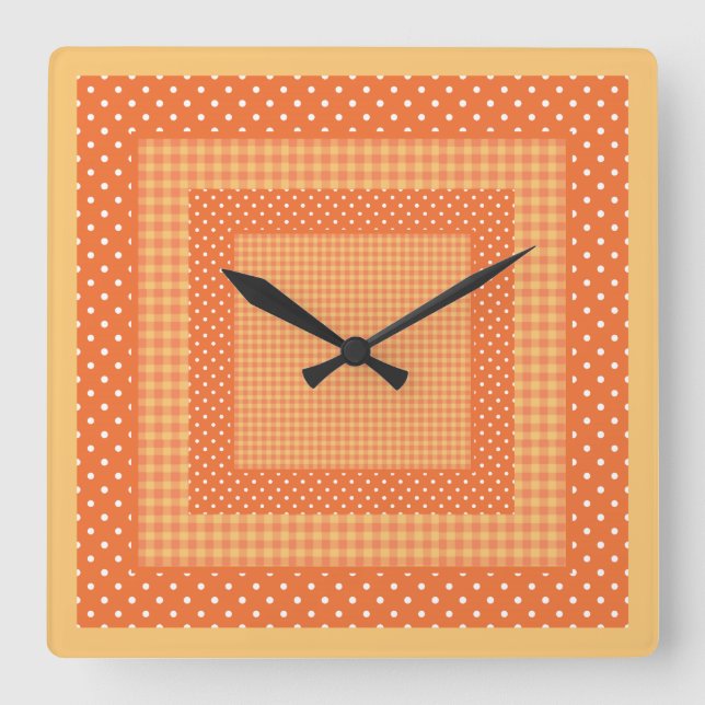 Square Wall Clock, Orange Checks and Polka Dots Square Wall Clock (Front)