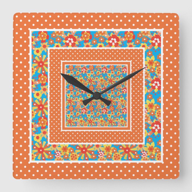 Square Wall Clock, Orange Floral and Polka Dots Clock (Front)