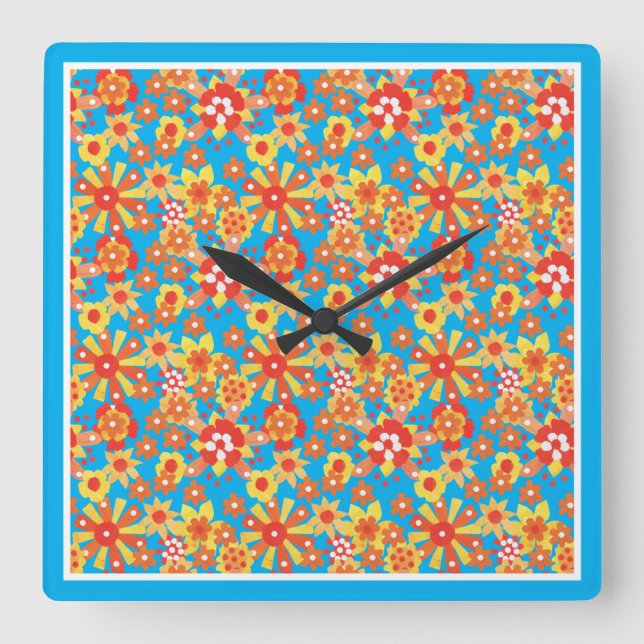 Square Wall Clock, Orange Flowers, Blue Border Square Wall Clock (Front)